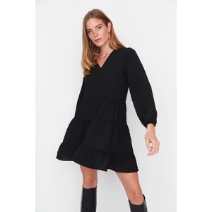 Trendyol Black Mini Woven Wide Cut, Textured Ruffles Dress