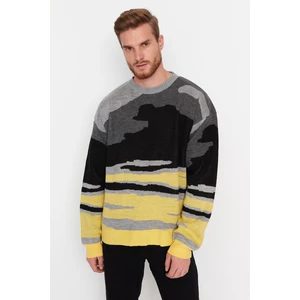 Trendyol Black Men's Oversize Fit Wide Fit Crew Neck Jacquard Knitwear Sweater