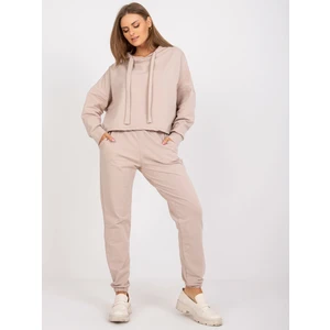 Basic beige two-piece sweatshirt set with a hood