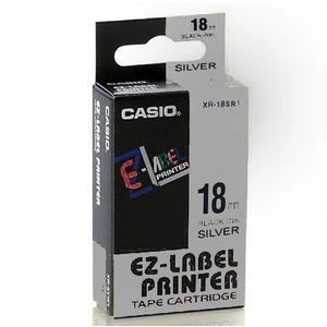 Casio XR-18SR1, 18mm x 8m, černý tisk/stříbrný podklad, originální páska