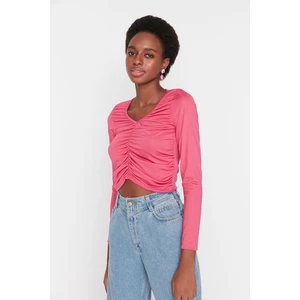 Trendyol Pink Pleated Crop Knitted Blouse