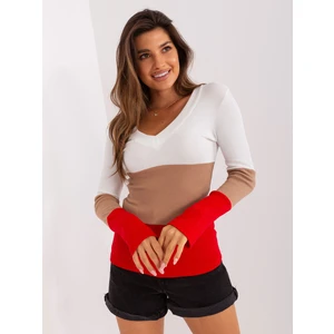 Ecru-camel basic blouse with long sleeves
