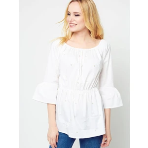 Blouse with elastic waist decorated with pearls white