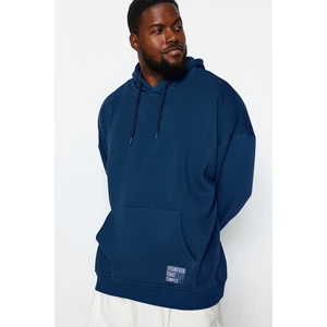 Trendyol Indigo Men's Plus Size Basic Comfortable Hoodie with Labeled Fleece Internal Cotton Sweatshirt.