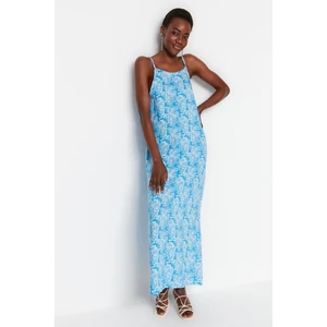 Trendyol Blue Straight Cut Maxi Woven Viscose Patterned Dress with Straps