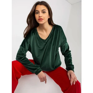 Dark green velour sweatshirt with V-neck without hood