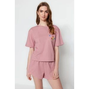 Trendyol Pink Motto Printed T-shirt-Shorts and Knitted Pajamas Set