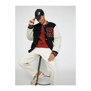 Koton College Jackets Bomber Collar Embroidered Detailed Snap Buttons with Pocket.