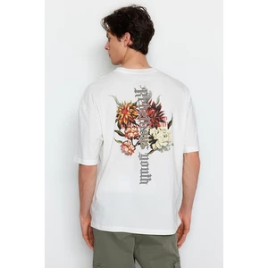 Trendyol Ecru Men's Oversize/Wide Cut Floral Print 100% Cotton T-Shirt