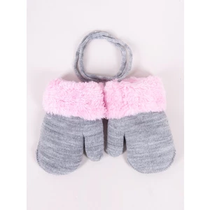 YO! Zimní kojenecké rukavičky s kožíškem - se šňůrkou YO - šedé/růžový kožíšek, vel. 80-92 (12-24m)