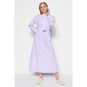 Trendyol Lilac Belted and Checkered Floral Patterned Half Paw Knitted Dress