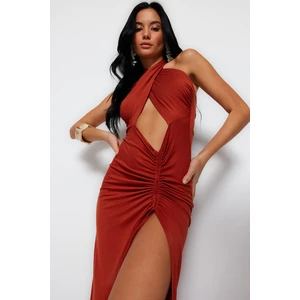 Trendyol Brown Fitted Maxi Knitted Cut Out/Window Beach Dress