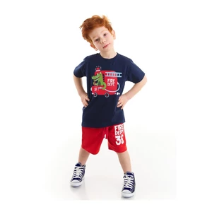 Denokids Firefighter Alligator Boy Child Navy Blue T-Shirt and Red Shorts Set.