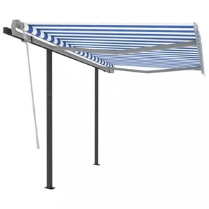 Ručně zatahovací markýza se sloupky 350x250 cm Dekorhome Bílá / modrá,Ručně zatahovací markýza se sloupky 350x250 cm Dekorhome Bílá / modrá