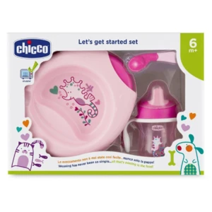 CHICCO Set jedálenský - tanier, lyžička, pohárik ružový 6m+