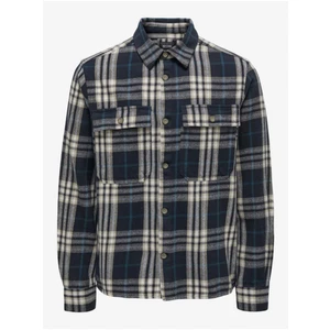Beige-Blue Mens Plaid Flannel Shirt ONLY & SONS Scott - Men
