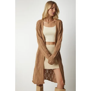 Happiness İstanbul Women's Biscuit Long Knitwear Cardigan with Openwork