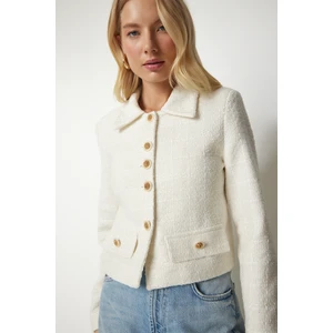 Happiness İstanbul Women's Cream Stylish Button Detailed Tweed Crop Jacket