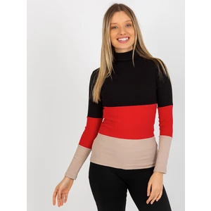 Basic black-red ribbed cotton blouse with turtleneck