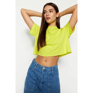 Trendyol Oil Green 100% Cotton Crop Stand-Up Collar Knitted T-Shirt