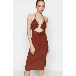 Trendyol Dark Brown Fitted Evening Dress with Knitted Accessories