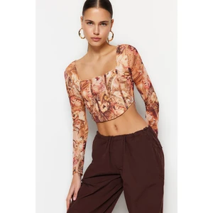 Trendyol Limited Edition Orange Transparent Back, Printed Lined Crop Tulle Stretchy Knit Blouse