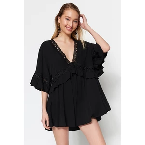 Trendyol Wide Fit Black Mini Weave and Frilly Beach Dress