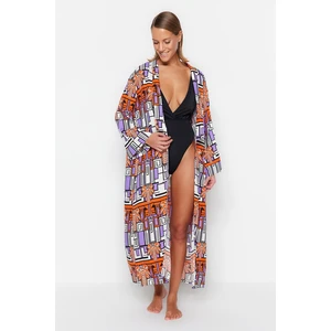 Trendyol Tropical Patterned Belted Maxi Woven Kimono & Caftan