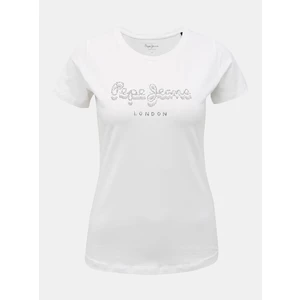 White Women's T-Shirt with Decorative Rhinestones Pepe Jeans Beatrice - Women