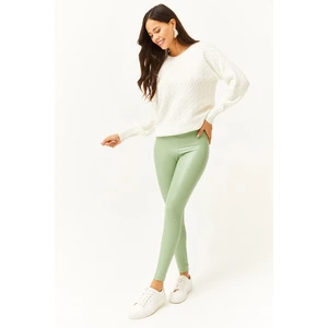 Olalook Women's Almond Green Fleece High Waist Leather Look Leggings