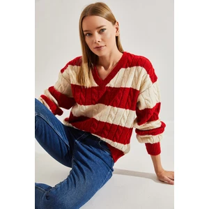 Bianco Lucci Women's V-Neck Braided Knitwear Sweater