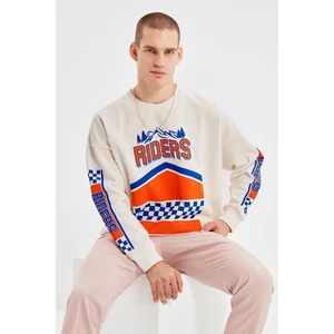 Trendyol Ecru Men's Oversize Fit Long Sleeve Crew Neck Printed Sweatshirt