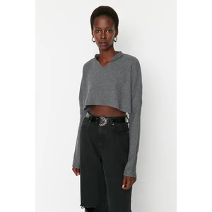 Trendyol Anthracite Super Crop Long Sleeve Knitted Look Knitted Blouse