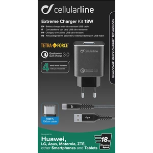 Set USB nabíječky a USB-C kabelu Cellularline Tetra Force 18W, Qualcomm® Quick Charge 3.0, černý