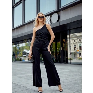 Elegant one-shoulder overall with wide legs in black