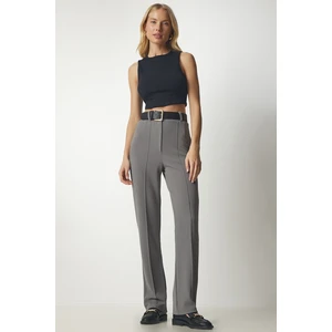 Happiness İstanbul Women's Gray High Waist Casual Knitted Pants