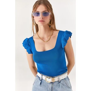 Olalook Women's Indigo Sleeves Ruffle Summer Knitwear Blouse