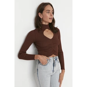 Trendyol Dark Brown Crop Cut Out Detailed Knitwear Sweater