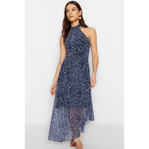 Trendyol Navy Blue Halterneck Printed Tulle Midi Dress