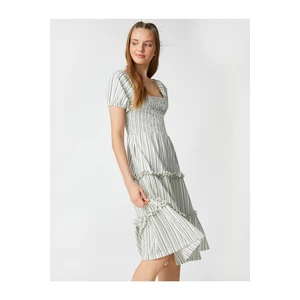Koton Midi Dress with Square Neck, Gippes, Balloon Sleeves and Ruffled.
