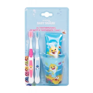 Pinkfong Baby Shark Set darčeková kazeta zubná kefka 2 ks + zubná pasta 75 ml + kelímok na zubnú kefku pre deti