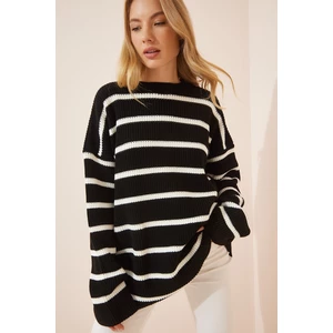 Happiness İstanbul Women's Black Striped Long Oversized Knitwear Sweater