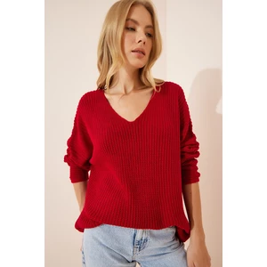 Happiness İstanbul Women's Red V-Neck Thessaloniki Knit Oversize Knitwear Sweater