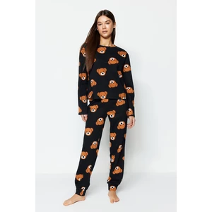 Trendyol Black Teddy Bear Printed Long Sleeve Knitted Pajamas Set