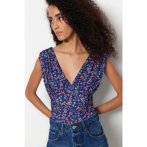 Trendyol Purple Printed V-Neck Drape Detailed Fitted/Sleeping Stretchy Knitted Bodysuit with Snap fastener