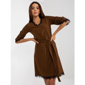Light brown and black plaid cocktail dress with tie