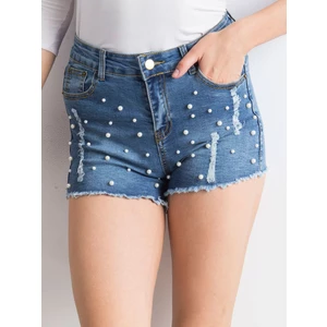 Blue denim shorts with rips and pearls