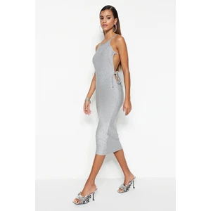 Trendyol Gray Fitted Evening Dress with Shimmering Pile, Knitting