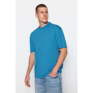 Trendyol Blue Men's Relaxed/Comfortable cut, Standing Collar Short Sleeved 100% Cotton T-Shirt