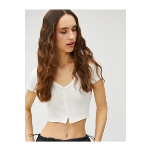Koton Crop T-Shirt V-Neck Short Sleeves With Buttons